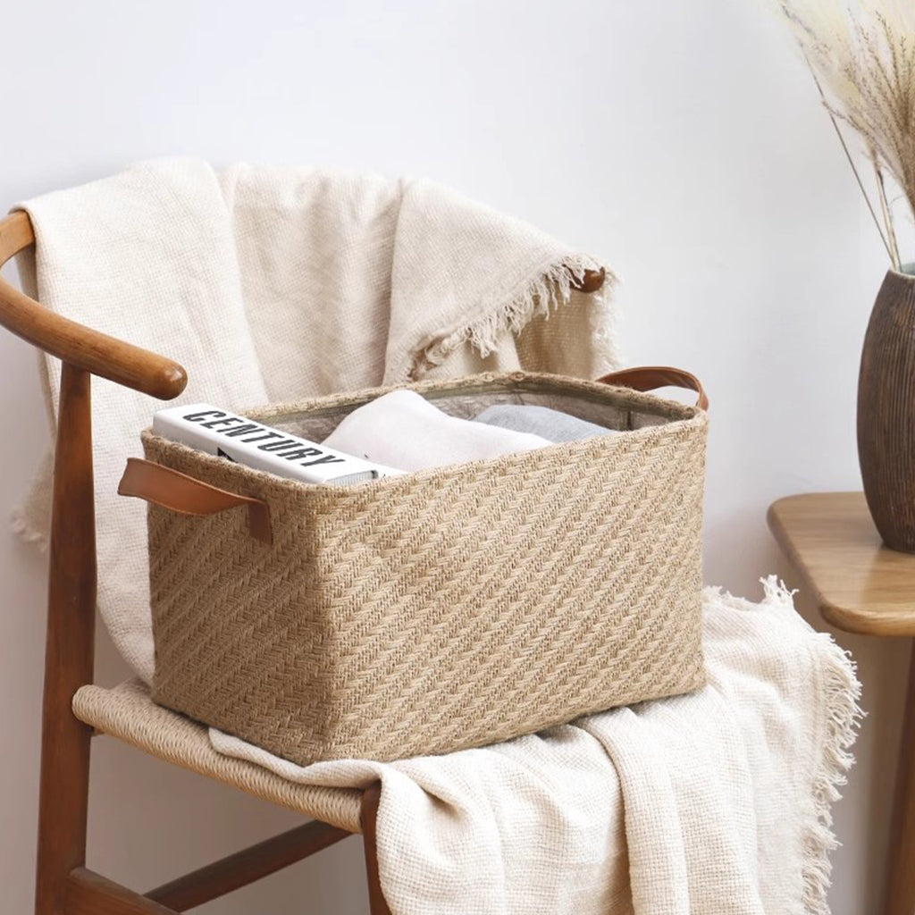 AshlynNest Herringbone Fabric Bin with Faux-Leather Handles