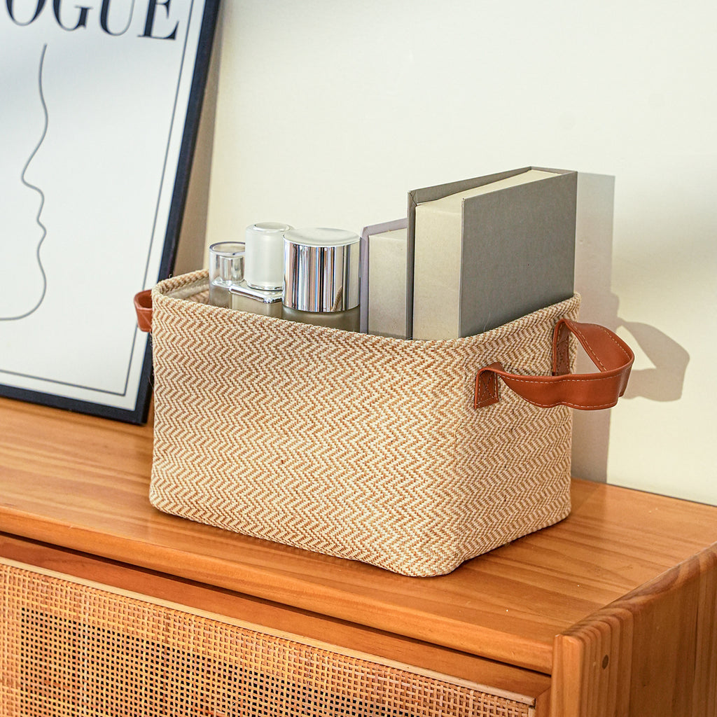 AshlynNest Herringbone Fabric Bin with Faux-Leather Handles