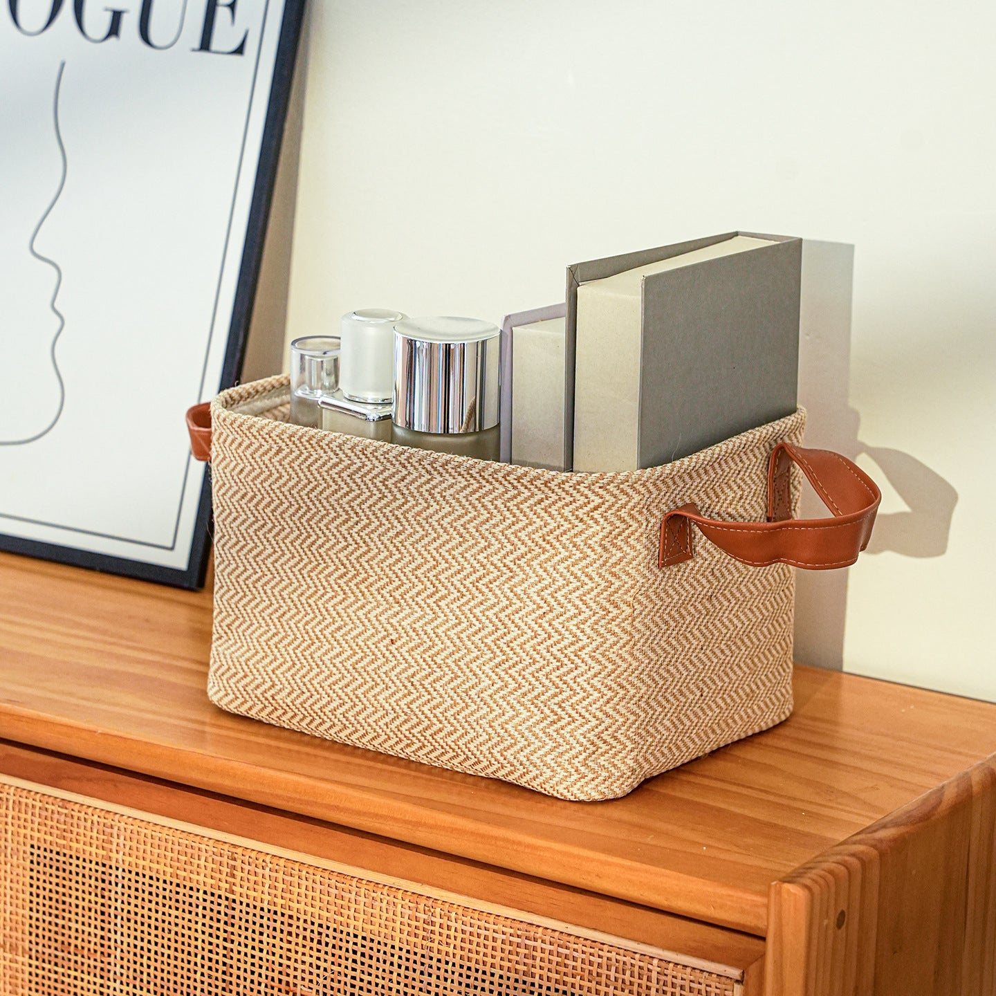 AshlynNest Herringbone Fabric Bin with Faux-Leather Handles